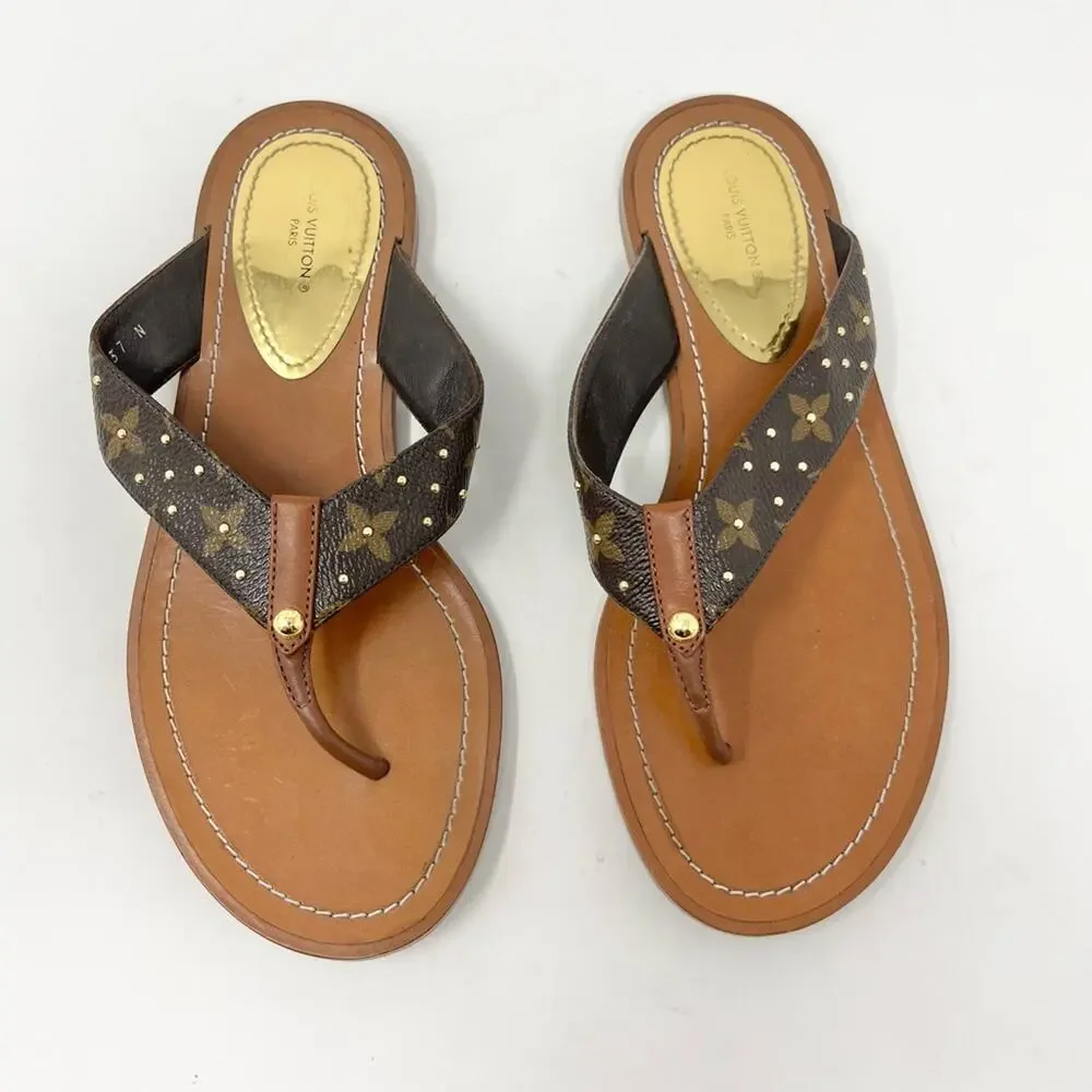 Louis Vuitton Monogram Sunny Thong Sandal Flat Brown Leather size 37 EU